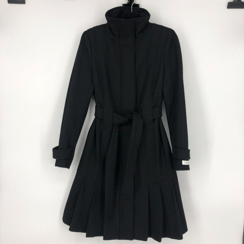 Calvin Klein Black Trench Pleated Dress Coat Sz 4